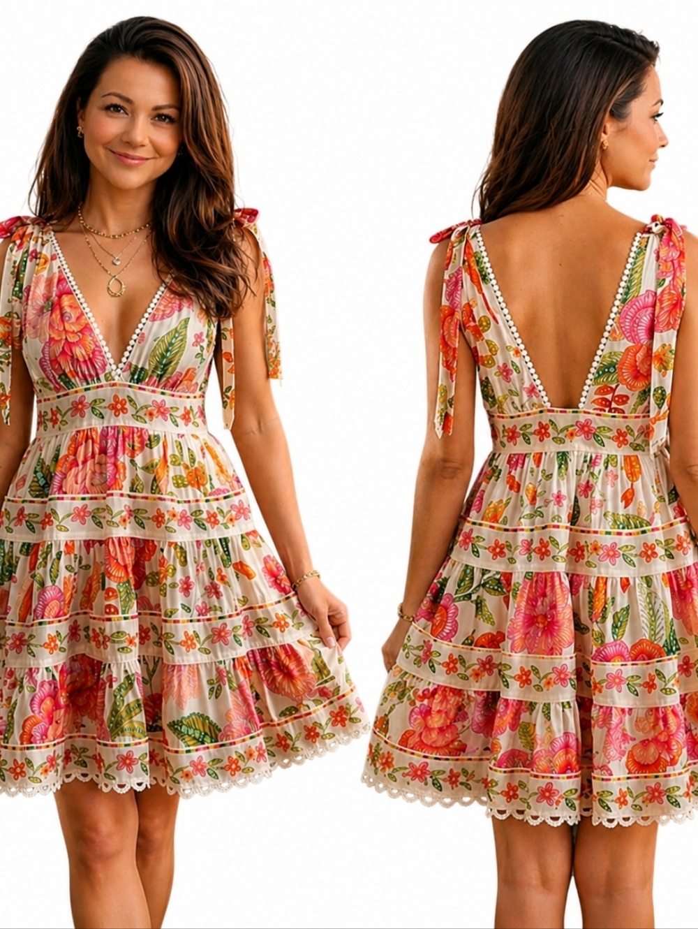 FARM Rio Macaw Bloom Tie-Shoulder Tiered Mini Dress
